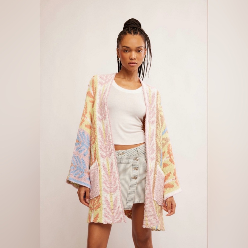 Free People Mallorca Spring Breeze Pastel Cardigan Chunky Knit Sweater Large